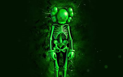Scheletro KAWS verde, 4k, luci al neon verdi, Fortnite Battle Royale, personaggi Fortnite, Skin scheletro KAWS verde, Fortnite, scheletro KAWS verde Fortnite