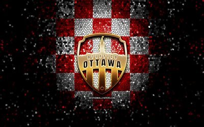 Atletico Ottawa FC, logo glitter, Canadian Premier League, sfondo a scacchi bianco rosso, calcio, squadra di calcio canadese, logo Atletico Ottawa, arte del mosaico, FC Atletico Ottawa