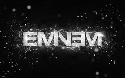 Logo Eminem bianco, 4k, rapper americano, luci al neon bianche, creativo, sfondo astratto nero, Marshall Bruce Mathers III, logo Eminem, stelle della musica, Eminem