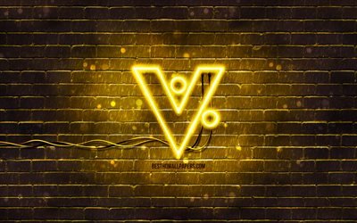 Logo VeriCoin giallo, 4k, muro di mattoni giallo, logo VeriCoin, criptovaluta, logo al neon VeriCoin, VeriCoin