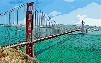 Golden Gate Bridge, San Francisco, 4k, vektorikuva, Golden Gate Bridge -piirustus, luova taide, Golden Gate Bridge -taide, vektoripiirustus, abstraktit kaupunkimaisemat, USA