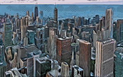 シカゴ, Illinois, 4k, ベクトルアート, シカゴの絵, クリエイティブアート, シカゴアート, ベクトル描画, 抽象的な街並み, シカゴの街並み, USA