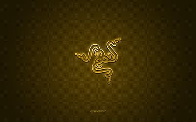Logo Razer, emblema in metallo, texture carbonio dorato, Razer, marchi, adidas, sfondo giallo, emblema Razer