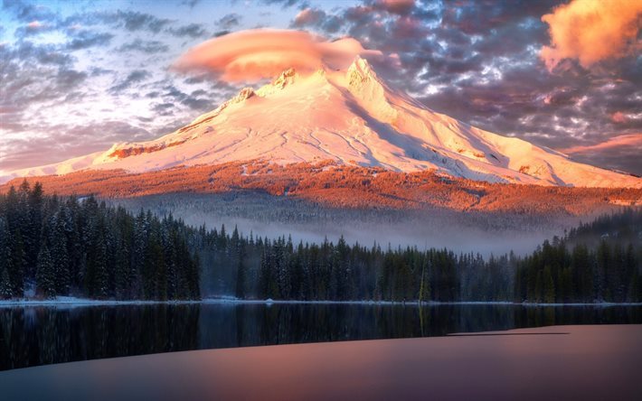 Montagna, foresta, lago, tramonto, sera, Trillium Lake, Oregon