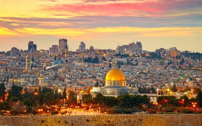 Jerusal&#233;n, la C&#250;pula de la Roca, puesta de sol, noche, ciudad, Medio Oriente, Palestina, paisajes urbanos