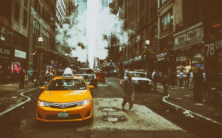 NYC, rua, Nova York, t&#225;xi amarelo, Midtown, Manhattan, Em amarica, EUA