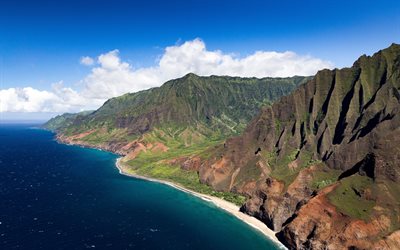 Kauai, Islas de Hawai, Jard&#237;n de la Isla, Waimea Canyon State Park, el oc&#233;ano Pac&#237;fico, la costa, las monta&#241;as, el cielo azul, estados UNIDOS, Hawaii