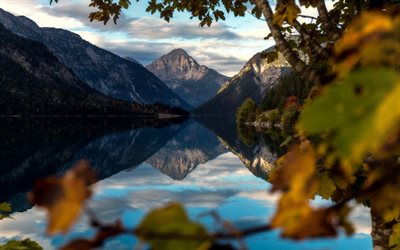 montagna, lago, sera, tramonto, montagne, Alpi, rocce, Austria