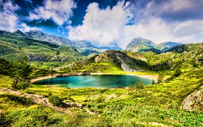 Alpi, 4k, montagne, lago, praterie, bella natura, Bergamo, Italia, HDR, italiano, la natura, le montagne