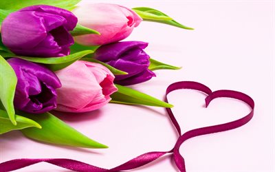 tulips, pink tulips, purple tulips, love spring, silk ribbon heart, spring flowers