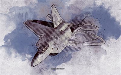 F-22, grunge art, creative art, painted F-22, drawing, F-22 abstraction, digital art, Boeing F-22 Raptor, US Air Force, Airplane Drawings