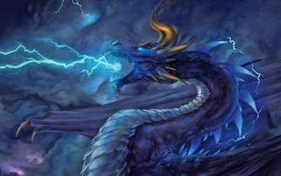 blue dragon, m&#246;rker, monster, bl&#229; belysning, dragon i r&#246;k, dragon