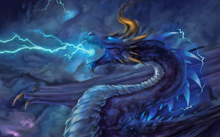 blue dragon, darkness, monster, blue lightings, dragon in smoke, dragon