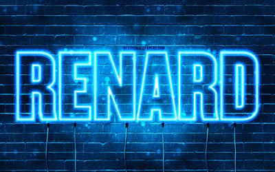 Happy Birthday Renard, 4k, blue neon lights, Renard name, creative, Renard Happy Birthday, Renard Birthday, popular french male names, picture with Renard name, Renard