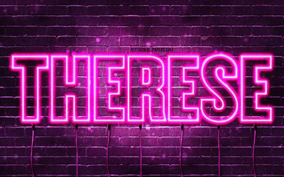 Happy Birthday Therese, 4k, pink neon lights, Therese name, creative, Therese Happy Birthday, Therese Birthday, popular french female names, picture with Therese name, Therese
