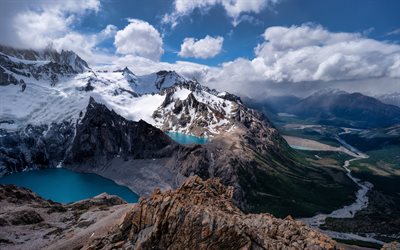 les lacs de montagne, 4k, paysage de montagne, les andes, les rochers, l argentine, les lacs glaciaires, les glaciers, la vall&#233;e de montagne