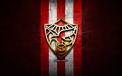 Valur FC, golden logo, Icelandic Football League, red metal background, football, Icelandic football club, Valur Reykjavik logo, soccer, Valur Reykjavik