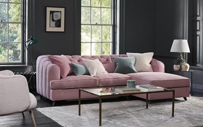 スタイリッシュなインテリアデザイン, リビングルーム, ピンクのソファ, 居間の黒い壁, クラシックなインテリアスタイル, リビングルームのアイデア