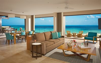 appartamenti sulla costa dell&#39;oceano, isole tropicali, sala da pranzo, design degli interni moderno, mare dalla finestra dell&#39;appartamento, interni eleganti