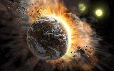 collisione di pianeti, apocalisse, esplosione del pianeta, asteroidi, galassia, fantascienza, NASA