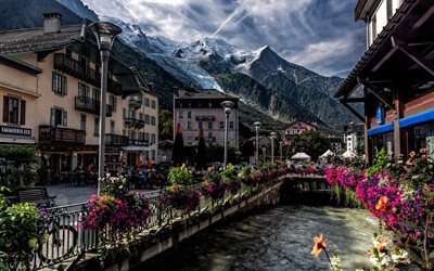 Chamonix, evening, sunset, hdr, Alps, Chamonix cityscape, Haute-Savoie, France, Chamonix-Mont-Blanc, mountain river