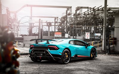 Lamborghini Huracan, 2018, Performante, blue supercar, rear view, tuning Huracan, black wheels, blue Huracan, Italian sports cars, Lamborghini