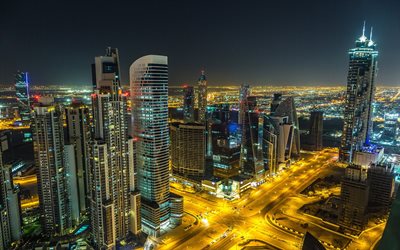 Dubai, skyscrapers, night, UAE, modern buildings, crossroads, modern city