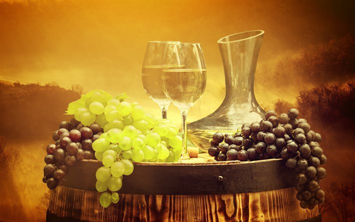 les raisins, le vin, tonneau &#224; vin, vintage