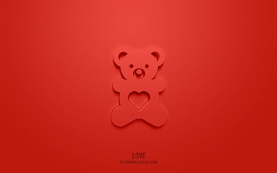 Icona 3d dell&#39;orsacchiotto, sfondo rosso, simboli 3d, orsacchiotto, arte 3d creativa, icone 3d, segno orsacchiotto, icone 3d Love
