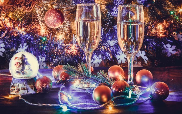 Şampanya, Yeni Yıl, şampanya bardakları, 2017, Noel, kış, garland