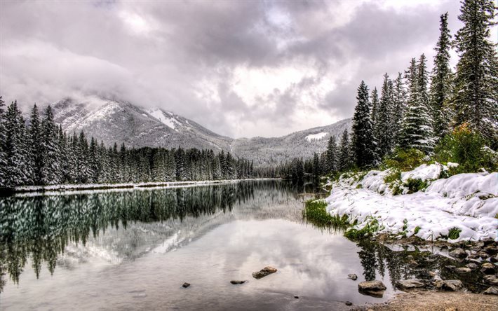 Canad&#225;, lago, inverno, floresta, Alberta, nevoeiro, montanhas