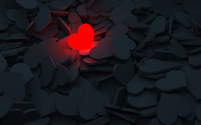 cuore rosso incandescente, cuore luce rossa, cuore rosso 3d, sfondo cuore 3d, cuore rosso su sfondo cuore nero, sfondo amore 3d