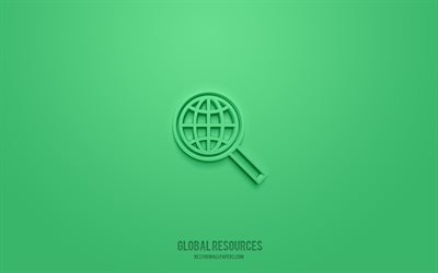 Icona 3d di risorse globali, sfondo verde, simboli 3d, risorse globali, icone di ecologia, icone 3d, segno di risorse globali, icone di ecologia 3d