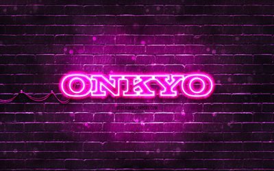 Onkyo violetti logo, 4k, violetti tiilisein&#228;, Onkyo logo, tuotemerkit, Onkyo neon logo, Onkyo