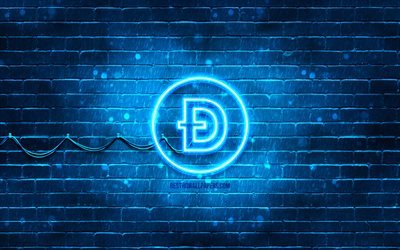 Dogecoin blue logo, 4k, blue brickwall, Dogecoin logo, cryptocurrency, Dogecoin neon logo, Dogecoin