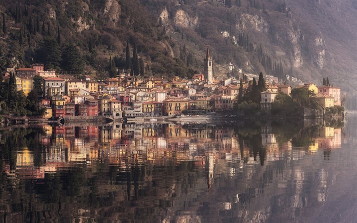 Varenna, Lombardiet, sj&#246;n, reflektioner, Lecco, Italien