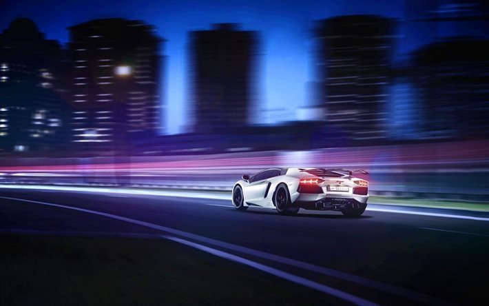 Lamborghini Aventador, la nuit, en 2017, les voitures, le flou de mouvement, supercars, blanc, Aventador, Lamborghini