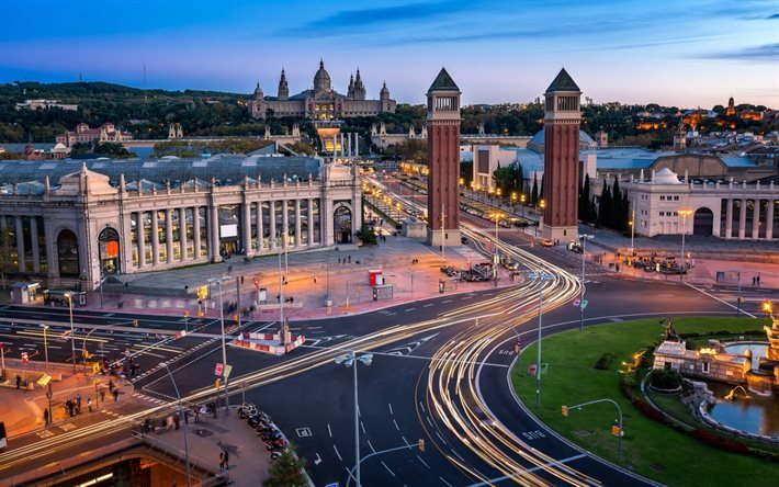Barcelona, Venetian columns, Plaza of Spain, Montjuic, Spain, towers, architecture