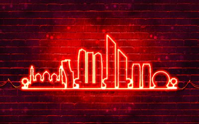 Abu Dhabi red neon silhouette, 4k, red neon lights, Abu Dhabi skyline silhouette, red brickwall, UAE cities, neon skyline silhouettes, UAE, Abu Dhabi silhouette, Abu Dhabi, United Arab Emirates