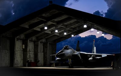 mcdonnell douglas f-15 eagle, f-15c, chasseur am&#233;ricain dans le hangar, usaf, quart de nuit, aviation de combat am&#233;ricaine