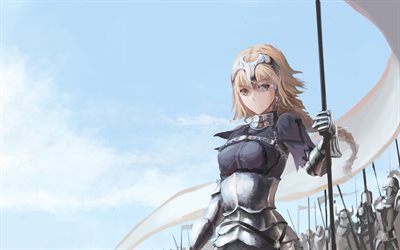 Jeanne d Arc, 4k, soldiers, Fate Apocrypha, spear, manga, Fate Grand Order, Fate Series