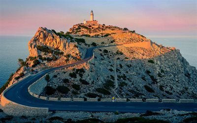Cape Formentor, kv&#228;ll, sunset, bergslandskapet, Medelhavet, Mallorca, Spanien