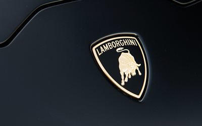 Lamborghini Huracan Performante, 2020, Lamborghini logo, black background, logo on metal, Lamborghini