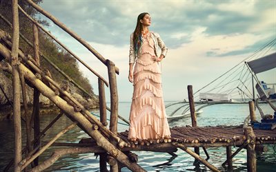 Katrina Kaif, Indian actress, Bollywood, beautiful long dress, fashion model, photo shoot, coast, yacht catamaran