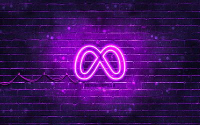 meta-violett-logo, 4k, violette ziegelwand, meta-logo, violetter abstrakter hintergrund, marken, meta-neon-logo, meta