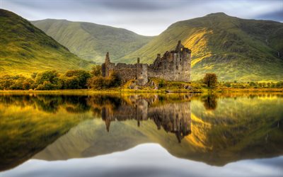 城跡, chk, 夜, 日没, 古代の城, 山の風景, 山, スコットランド