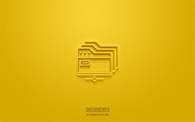 belgeler 3d simgesi, sarı arka plan, 3d semboller, belgeler, iş simgeleri, 3d simgeler, belgeler işareti, iş 3d simgeleri