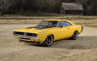 1969, Dodge Charger, Captiv, Ringbrothers, exterior, retro cars, yellow Dodge Charger, american cars, Dodge, 4k