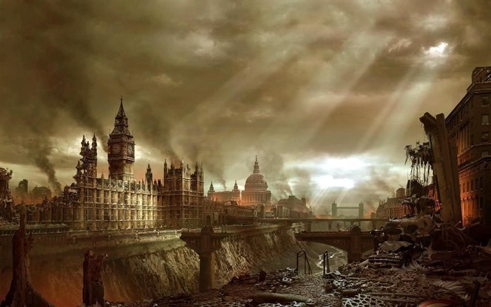 post apokalipsis, london, ruinen, big ben