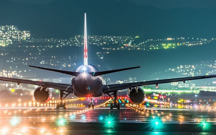 lights, plane, night airport, landing